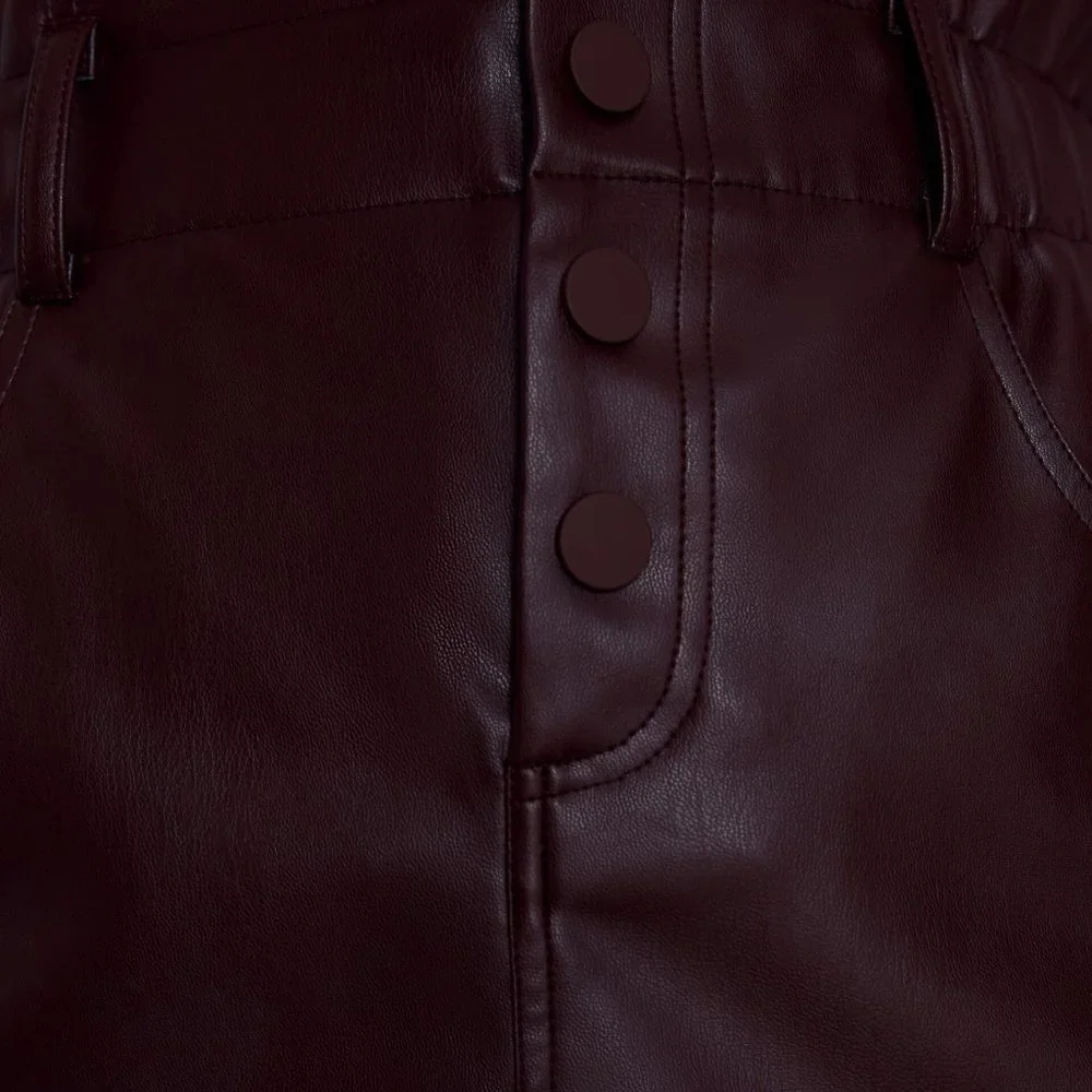 NEW Zara High Waist Paperbag Button Front Faux Leather Mini Skirt Burgundy Plum - Picture 7 of 9